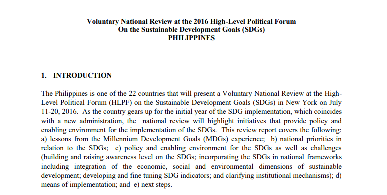 Philippines Voluntary National Review at the 2016 HLPF On the Sustainable Development Goals