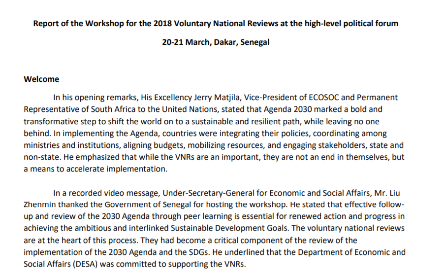 Report of the Workshop for the 2018 Voluntary National Reviews at the High-Level Political Forum (20-21 March, Dakar, Senegal)