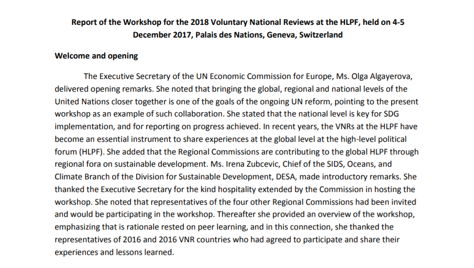 Report of the Workshop for the 2018 Voluntary National Reviews at the HLPF (4-5 December 2017, Palais des Nations, Geneva, Switzerland)