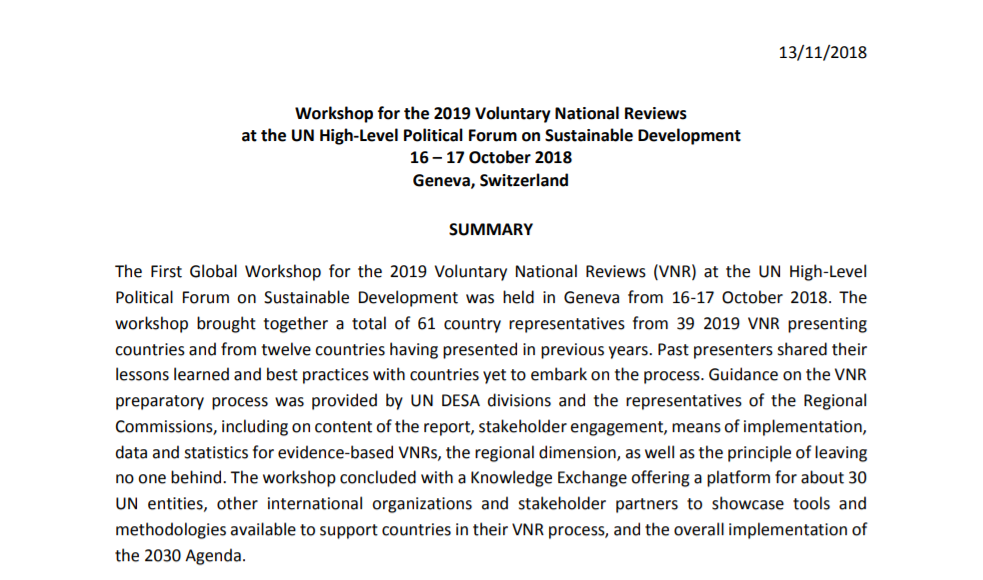 Workshop for the 2019 Voluntary National Reviews at the UN High-Level Political Forum on Sustainable Development (16-17 October 2018 Geneva, Switzerland)