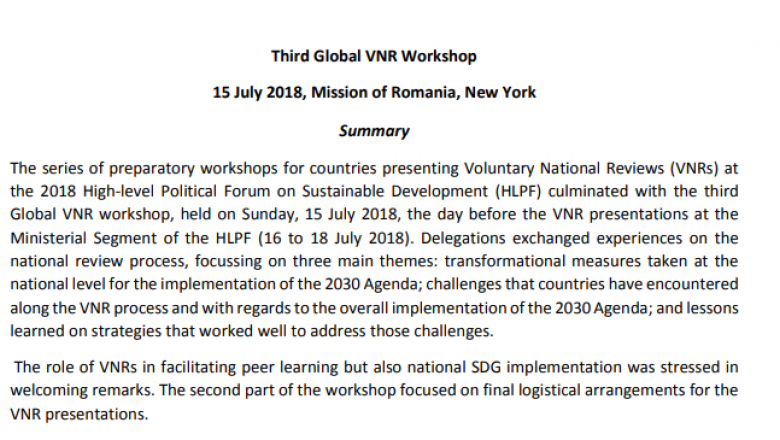 Third Global VNR Workshop 15 July 2018, Mission of Romania, New York: Summary