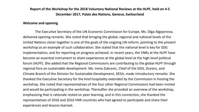 Report of the Workshop for the 2018 Voluntary National Reviews at the HLPF (4-5 December 2017, Palais des Nations, Geneva, Switzerland)