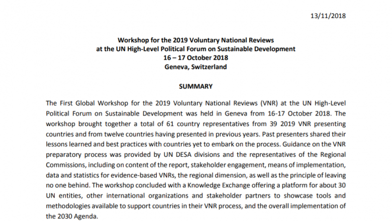 Workshop for the 2019 Voluntary National Reviews at the UN High-Level Political Forum on Sustainable Development (16-17 October 2018 Geneva, Switzerland)